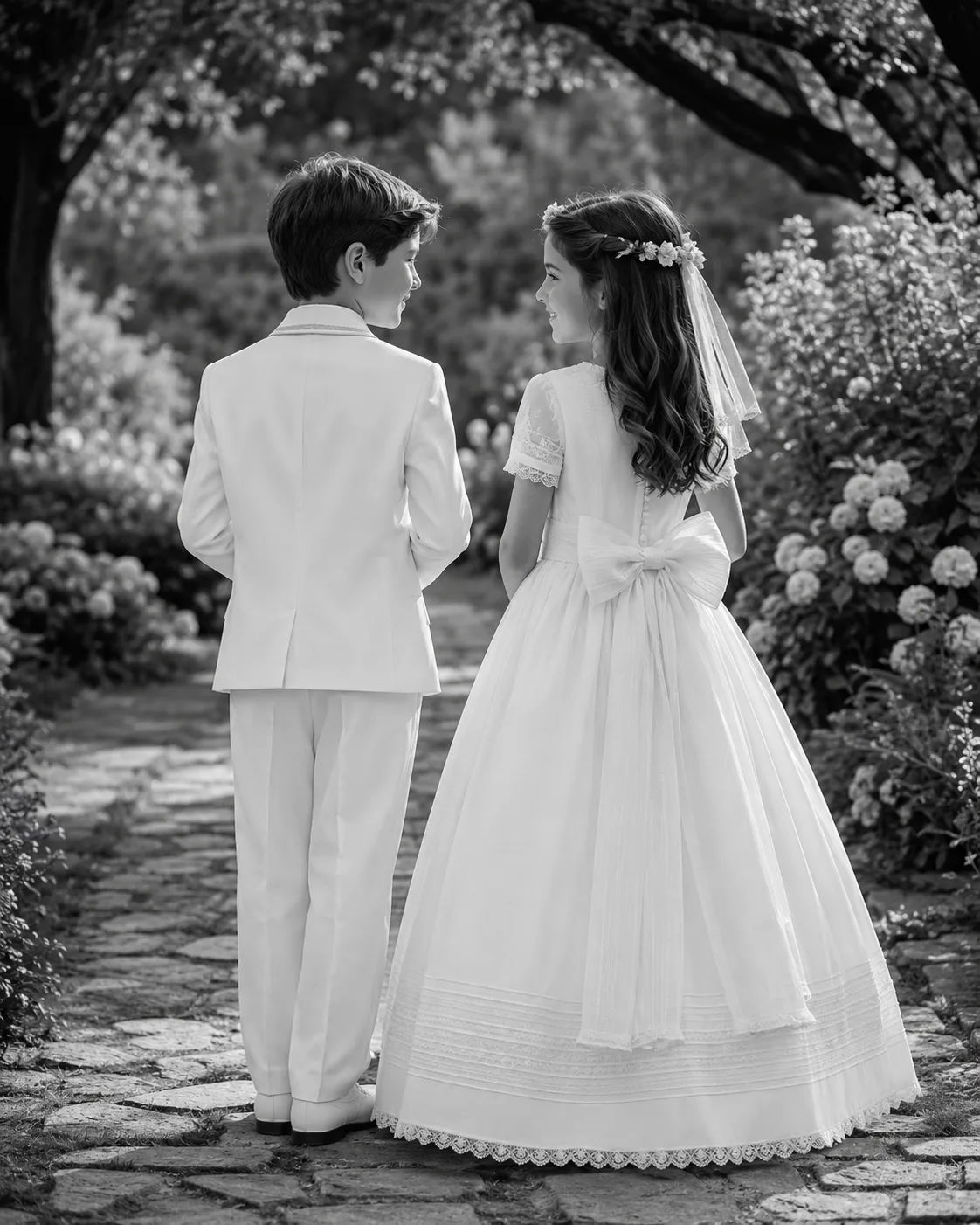 Niño y niña vestidos de comunión paseando por un jardín
