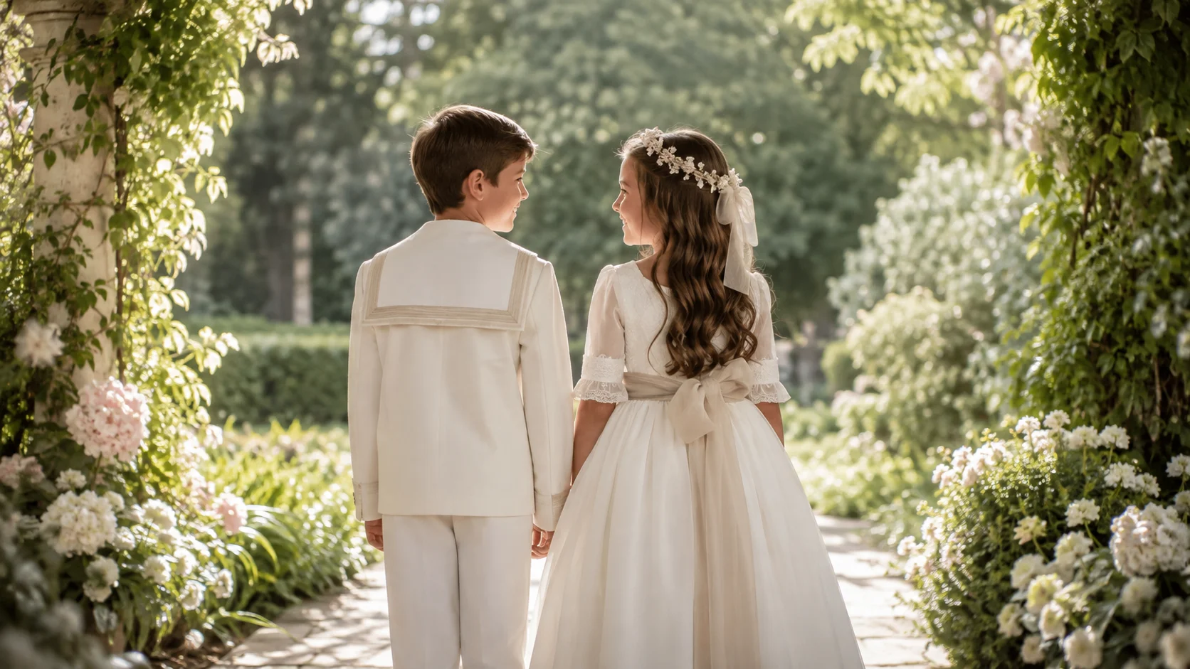 Niños vestidos de comunión tomándose de la mano en los jardines de una finca de InBodas