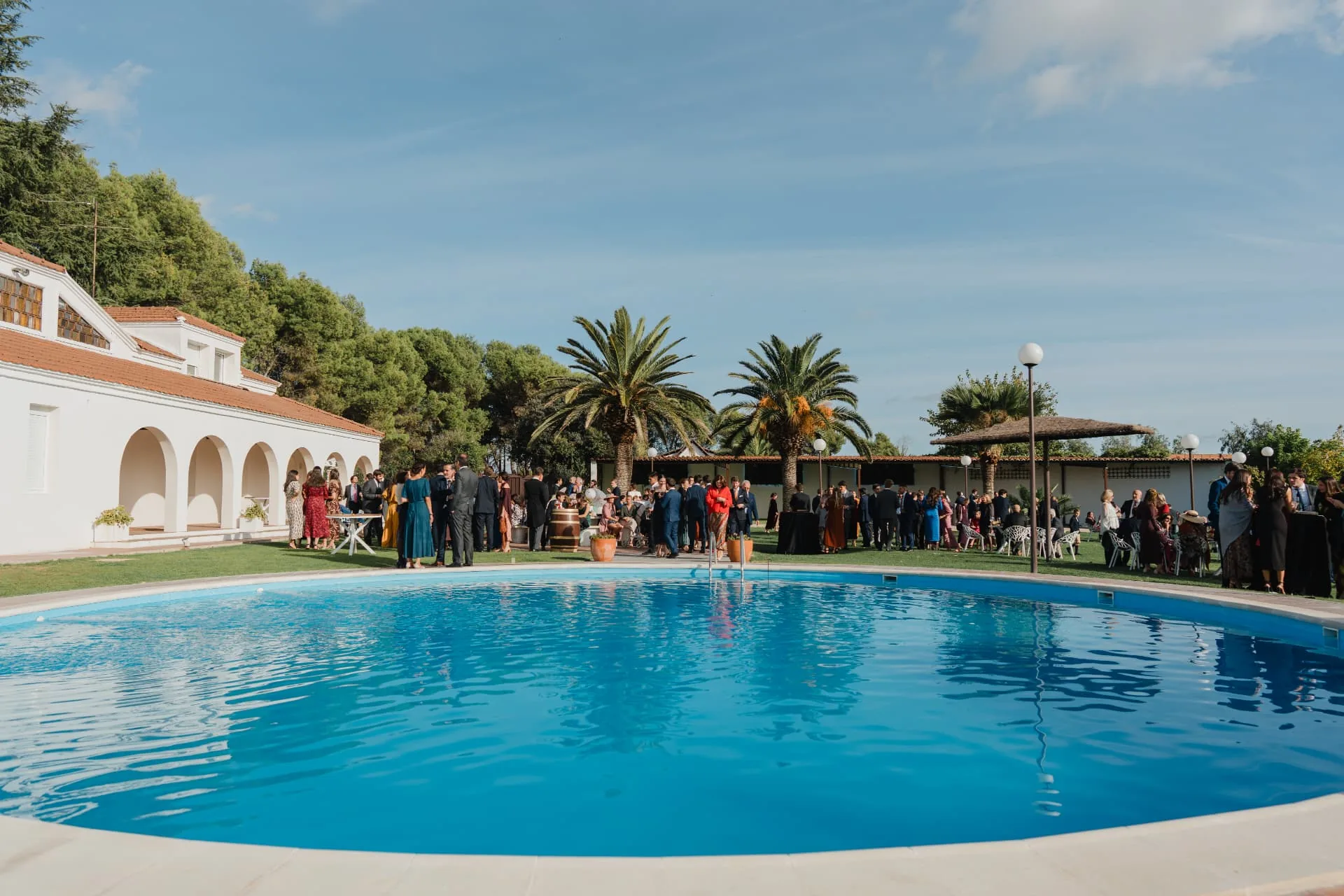 Piscina circular de finca rodeada de césped y palmeras bajo un cielo despejado