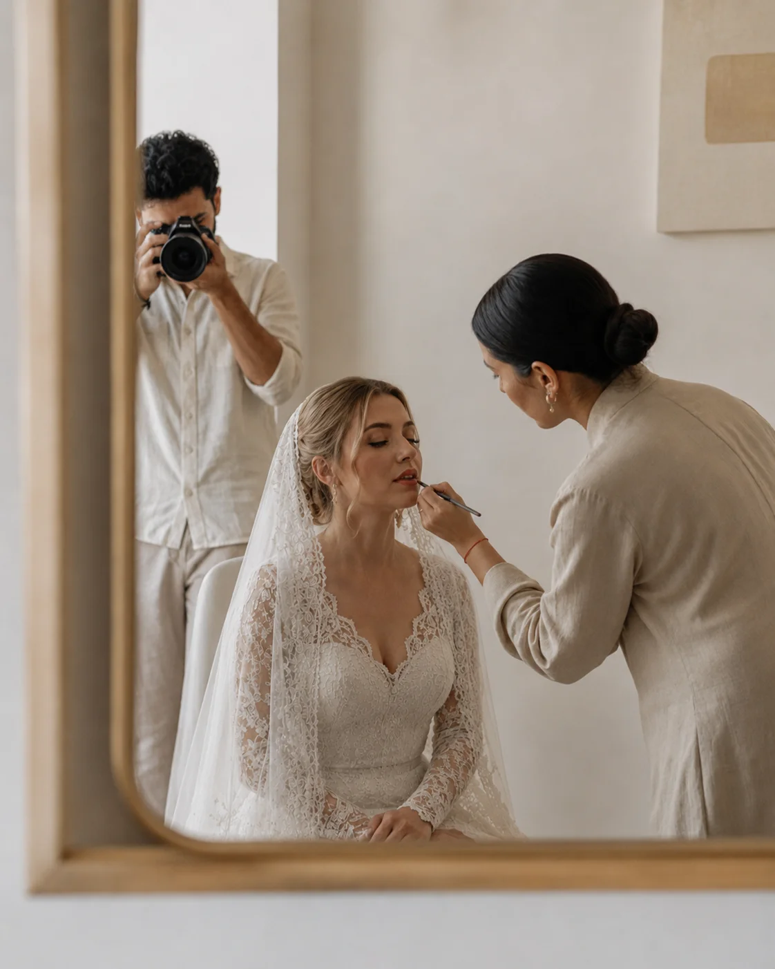 Fotógrafo retratando a través de un espejo a la maquilladora mientras aplica el maquillaje a la novia