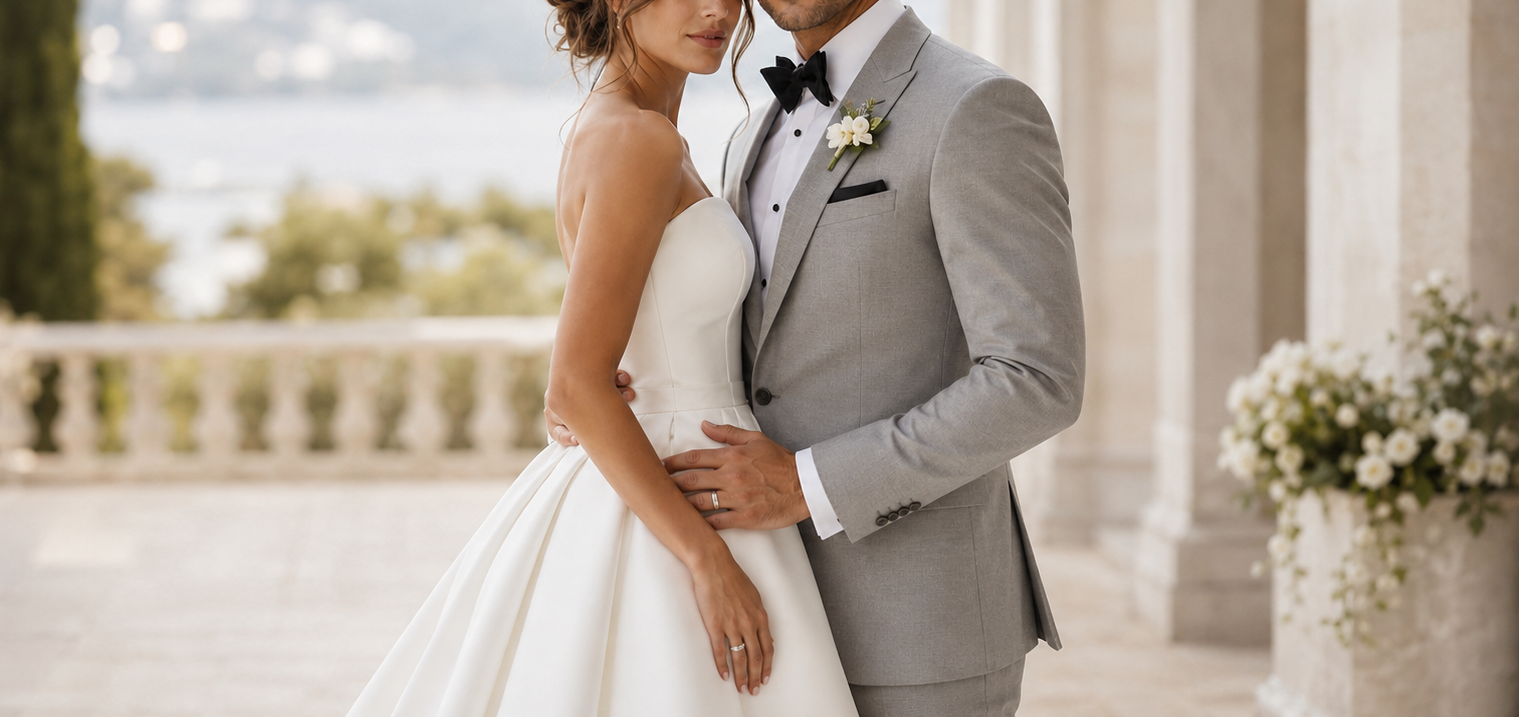 Novios abrazados en una terraza de piedra; ella con vestido strapless de novia y él con traje gris y pajarita, con rosas blancas de fondo